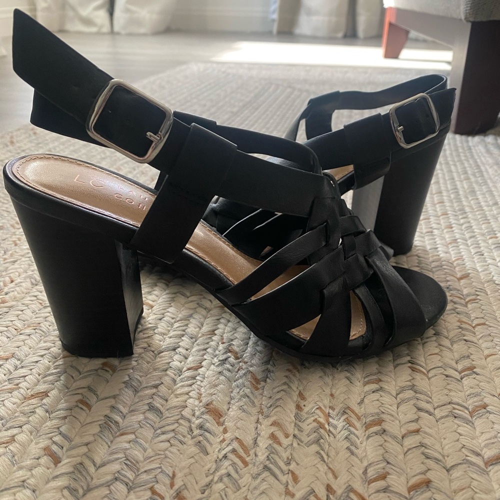 LC Lauren Conrad Black Woven Strappy Block Heel Sandals